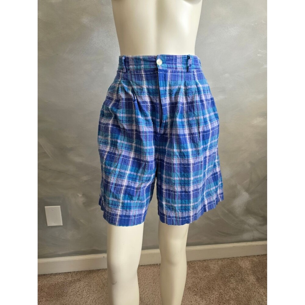Vtg LL Bean High Waist Madras Plaid Shorts Front Pleats Side Pockets Womens 10